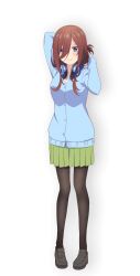1girl arm_up arms_behind_back black_pantyhose black_shoes blue_sweater blush breasts brown_hair collarbone collared_shirt dot_nose female_focus full_body go-toubun_no_hanayome green_skirt hair_between_eyes hair_over_one_eye headphones headphones_around_neck highres large_breasts legs long_hair long_sleeves looking_at_viewer miniskirt nakano_miku official_art pantyhose pleated_skirt scan school_uniform shirt shirt_under_sweater shoes simple_background skirt smile solo solo_focus sweater thighs white_shirt