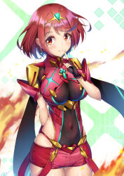 1girl armor backless_outfit blush bob_cut breasts chest_jewel commentary covered_navel cowboy_shot earrings finger_to_mouth fingerless_gloves floating_earrings gloves highres impossible_clothes jewelry large_breasts looking_at_viewer novady pyra_(xenoblade) red_eyes red_hair red_shorts short_hair short_shorts shorts shoulder_armor shushing skindentation smile solo swept_bangs tiara xenoblade_chronicles_(series) xenoblade_chronicles_2