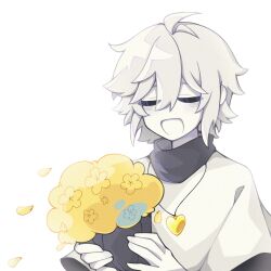 1boy :d alternate_universe antenna_hair bandana bandana_around_neck black_bandana black_shirt bouquet chara_(undertale) chinese_commentary closed_eyes colored_skin commentary_request double-parted_bangs eyes_visible_through_hair film_grain flower gold_necklace hair_between_eyes heart heart_necklace highres holding holding_bouquet jewelry layered_sleeves long_sleeves male_focus necklace open_mouth shirt short_hair short_over_long_sleeves short_sleeves simple_background smile solo u_u undertale upper_body white_background white_hair white_shirt white_skin xinjinjumin831306571458 xtale yellow_flower yellow_petals
