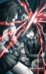 1boy 2girls ahoge alternate_universe arms_up artist_name baseball_bat black_hair blonde_hair blood blood_from_mouth blush_stickers brown_hair clenched_hand clenched_teeth closed_eyes danganronpa_(series) danganronpa_3_(anime) fighting hand_on_own_chest highres hinata_hajime hope&#039;s_peak_academy_school_uniform kuzuryu_natsumi lightning long_hair minster_(dooke) motion_blur multiple_girls one_eye_closed open_mouth protecting satou_(danganronpa) school_uniform short_hair skirt sweat teeth unconscious violence