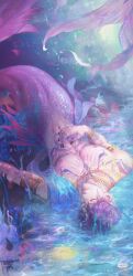 1boy black_nails bracelet closed_eyes fins gold_armlet head_fins highres jewelry love_and_deepspace male_focus merman monster_boy multiple_rings nail_polish navel partially_submerged purple_hair rafayel_(love_and_deepspace) ring sayahime short_hair solo topless_male