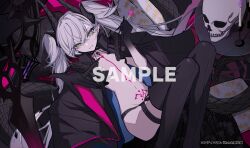 Rule 34 | 1girl, animal, artist name, black boots, black cloak, black hands, black horns, black nails, black snake, boots, breasts, breasts apart, candle, candy, chest tattoo, circle name, cloak, colored extremities, commentary request, crossed bangs, demon girl, demon horns, eyelashes, fate/grand order, fate (series), fingernails, fire, food, green eyes, grin, groin, hair between eyes, highres, holding, holding candy, holding food, holding lollipop, horns, huge weapon, lilith (fate), lilith (second ascension) (fate), lollipop, long fingernails, lying, merchandise available, navel, no pants, no shirt, offering hand, outstretched hand, oyaji hime, pink tattoo, pointy ears, pubic tattoo, purple fire, revealing clothes, sample watermark, scissors, second-party source, sharp fingernails, skull, slit pupils, small breasts, smile, snake, solo, stomach, tattoo, tattoo between breasts, thigh boots, thigh strap, twintails, watermark, weapon, white hair