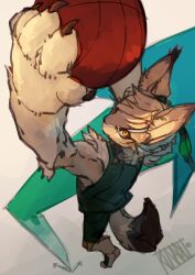 1boy animal_ears arrow_(symbol) artist_name basketball basketball_jersey claws commentary_request fight_league from_above furry furry_male green_headband green_shirt green_shorts headband highres jumping kunaru_(799865444232548352) looking_up lynx@pg_(fight_league) lynx_(fight_league) male_focus pawpads shirt shorts sleeveless sleeveless_shirt tail