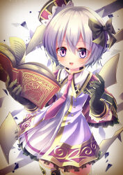 1girl black_gloves black_ribbon book buch_alma dress emil_chronicle_online frilled_dress frills gloves grey_hair hair_ribbon hat highres holding holding_book looking_at_viewer necktie open_mouth purple_eyes purple_necktie ribbon white_dress yupi828