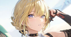 1girl black_choker black_gloves blonde_hair choker collared_shirt commentary_request cropped elbow_gloves evelyn_chevalier eyes_visible_through_hair gloves hair_between_eyes hand_up houkisei looking_at_viewer paid_reward_available parted_lips portrait purple_eyes shirt short_hair solo white_shirt wing_collar zenless_zone_zero