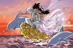 amartbee black_hair chi-chi_(dragon_ball) couple dolphin dragon_ball dress flying_nimbus highres husband_and_wife kiss marriage smile son_goku tagme wedding wedding_dress