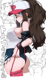 1girl ass bare_shoulders baseball_cap black_vest blue_eyes blue_shorts blush breasts brown_hair cleavage cutoffs denim denim_shorts hat high_ponytail highres hilda_(pokemon) kashu_(hizake) large_breasts long_hair looking_at_viewer multiple_views nintendo off_shoulder pokemon pokemon_bw ponytail shorts sidelocks tank_top thighs translation_request vest white_hat white_tank_top wristband