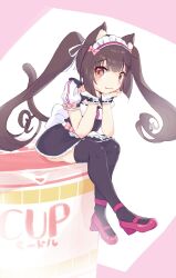 Rule 34 | 1girl, :3, animal ear fluff, apron, bi neko706, black bow, black skirt, black thighhighs, blunt bangs, blunt ends, blush, bow, brown eyes, brown hair, buttons, cat girl, cat tail, chocola (nekopara), closed mouth, commentary request, cup ramen, frilled apron, frilled skirt, frills, full body, hair bow, hair ribbon, head rest, heart button, highres, hood, hood up, knees together feet apart, leaning forward, long hair, looking at viewer, maid, maid headdress, mary janes, nekopara, pink bow, pink shoes, puffy short sleeves, puffy sleeves, ribbon, ribbon-trimmed cuffs, shoes, short sleeves, sidelocks, simple background, sitting, skirt, sleeve bow, slit pupils, smile, solo, tail, tail raised, thighhighs, twintails, very long hair, waist apron, white apron, white background, white ribbon, white wrist cuffs, wrist cuffs