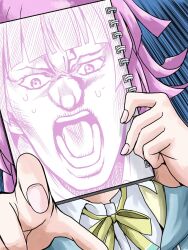 1girl araki_hirohiko_(style) blunt_ends commentary_request drawing_(object) highres holding holding_sketchbook kishimen_hair love_live! love_live!_nijigasaki_high_school_idol_club majunia medium_hair nail_polish neck_ribbon nijigasaki_school_uniform pink_hair pink_nails pointing pointing_at_viewer portrait ribbon rina-chan_board school_uniform sketchbook solo tennoji_rina yellow_ribbon