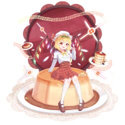 1girl absurdres alternate_costume ascot blonde_hair blush bow crystal cup flandre_scarlet food fork full_body hat hat_ribbon highres holding holding_fork long_sleeves looking_at_viewer marutoufu mary_janes mob_cap open_mouth pancake pancake_stack pudding puffy_sleeves red_eyes red_ribbon red_skirt ribbon shirt shoes sitting skirt smile socks solo touhou white_shirt white_socks wings