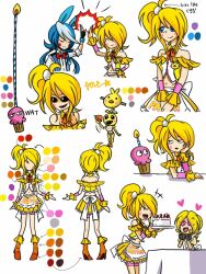 3girls apron bad_id bad_tumblr_id black_sclera blonde_hair blue_hair boots cake chica colored_sclera commentary cupcake_(fnaf) english_commentary five_nights_at_freddy&#039;s five_nights_at_freddy&#039;s_2 food heart heart-shaped_eyes long_hair low_twintails medium_hair multiple_girls open_mouth orange_boots personification pole-bear side_ponytail skirt smile toy_bonnie toy_chica twintails very_long_hair vest white_apron yellow_skirt yellow_vest