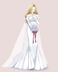 1girl banana_(8771207) blonde_hair blue_eyes bouquet bridal_veil choker commentary_request dress elbow_gloves flower full_body gloves half-closed_eyes hand_on_own_chest hand_up highres holding holding_bouquet long_hair looking_down methode_(sousou_no_frieren) sepia_background simple_background solo sousou_no_frieren standing veil wedding_dress white_choker white_dress white_gloves white_veil