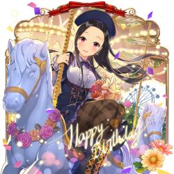1girl :d animal belt beret black_hair black_skirt blue_flower blue_skirt blush boots bouquet bow breasts brooch bug butterfly cat center_frills chain clarice_lapis clothed_animal collared_shirt company_name copyright_name crossed_legs day earrings english_text flag flower forehead frilled_sleeves frills full_body hat high-waist_skirt high_heels holding holding_flower insect jewelry large_breasts long_hair long_sleeves looking_at_viewer medium_breasts nail_polish open_mouth outdoors pantyhose parted_bangs petals pink_eyes pink_flower pink_rose purple_eyes purple_flower purple_rose red_eyes red_flower red_rose ribbon rose salt_(salty) shirt sitting skirt small_breasts smile solo sparkle sunlight suspenders uchi_no_hime-sama_ga_ichiban_kawaii underbust very_long_hair white_flower white_rose white_shirt yellow_flower yellow_rose