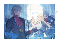 2girls 3boys ^_^ amatsuka_(fate) antonio_salieri_(fate) antonio_salieri_(second_ascension)_(fate) ascot bag bag_charm blonde_hair border charm_(object) closed_eyes collared_shirt commentary curtains fate/grand_order fate_(series) gloves grey_hair indoors jacket jacket_on_shoulders jeanne_d&#039;arc_alter_(fate) lapels marie_antoinette_(fate) multiple_boys multiple_girls music_stand necktie notched_lapels pinstripe_jacket pinstripe_pattern pseudo-tokyo_school_uniform red_ascot red_necktie school_bag school_uniform shirt starshadowmagician white_border white_shirt wolfgang_amadeus_mozart_(fate) yellow_eyes