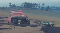 Rule 34 | 2boys, absurdres, black hair, boots, car, cloud, cloudy sky, computer, denim, graffiti, gun, highres, jeans, motor vehicle, multiple boys, pants, rock, sand, science fiction, simon stalenhag, sky, sports utility vehicle, swedish machines, tree, unconventional emergency vehicle lighting, unconventional vehicle, weapon, wheel