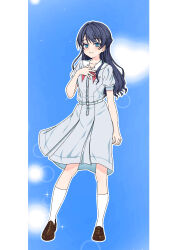 Rule 34 | 1girl, absurdres, blue background, blue dress, blue eyes, blue hair, blue sky, breast pocket, brown shoes, closed mouth, collarbone, commentary request, dress, half updo, hand on own chest, highres, kara iroha, kneehighs, link! like! love live!, loafers, looking at viewer, love live!, murano sayaka, outline, pillarboxed, pocket, puffy short sleeves, puffy sleeves, sailor collar, sailor dress, shoes, short sleeves, sky, smile, socks, solo, split mouth, virtual youtuber, white outline, white sailor collar, white socks