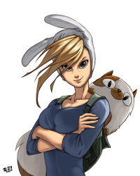 1girl adventure_time animal animal_ears backpack bag blonde_hair blue_eyes breasts cake_(adventure_time) cartoon_network crossed_arms fionna_campbell freckles fringe_trim genderswap genderswap_(mtf) hood irving-zero large_breasts rabbit_ears smirk