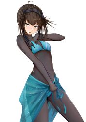 1girl absurdres ahoge bikini bikini_over_clothes black_bodysuit blue_bikini bodysuit breasts brown_hair cowboy_shot hachimaki hatsuzuki_(kancolle) headband highres kantai_collection looking_to_the_side medium_breasts medium_hair open_mouth solo swimsuit tastas translation_request yellow_eyes