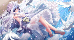 1girl absurdres aichinaigai alternate_costume animal_ear_fluff animal_ears arm_support ayaka_(genshin_impact) backless_dress backless_outfit bare_shoulders barefoot beach bird blue_bow blue_eyes blue_hair blush bouquet bow bracelet bridal_veil bride cat_ears cat_girl chinese_commentary commentary_request detached_sleeves dove dress elbow_gloves falling_petals flower genshin_impact gloves hair_bow hand_up highres jewelry light_blue_hair long_hair looking_at_viewer outdoors partially_submerged pearl_bracelet petals see-through_clothes see-through_sleeves sitting smile soles solo thighs toes veil very_long_hair wedding_dress wet white_dress white_flower white_gloves white_sleeves white_veil