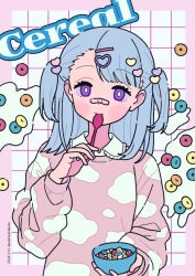 1girl asymmetrical_bangs bandaid bandaid_on_face bandaid_on_nose blue_hair border bowl cereal collared_shirt commentary english_text hair_ornament hairclip heart heart_hair_ornament highres holding holding_bowl holding_spoon long_hair long_sleeves looking_at_viewer milk neki_(wakiko) original pink_border pink_shirt puffy_long_sleeves puffy_sleeves purple_eyes shirt solo spoon two_side_up upper_body utensil_in_mouth white_background white_shirt