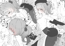 1boy 1girl ahoge beret black_pantyhose blush breasts candy closed_eyes commentary_request cum elbow_gloves food girls&#039;_frontline gloves greyscale hair_ornament half-closed_eyes hat heart hetero lollipop monochrome mp7_(girls&#039;_frontline) multiple_views one_side_up orange_eyes pantyhose sex sex_from_behind speech_bubble spot_color stuffed_animal stuffed_toy sweat t_method teddy_bear veins veiny_hands