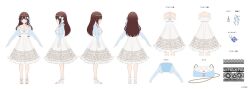 Rule 34 | 1girl, a-pose, bag, blue eyes, blue jacket, breasts, brown hair, commentary request, company name, copyright notice, dress, earrings, embroidered dress, extra ears, frilled dress, frills, full body, hair ribbon, handbag, high heel sandals, hololive, holonatsu paradise, jacket, jewelry, long hair, long sleeves, looking at viewer, medium dress, multiple views, noir eku, official alternate costume, official art, open clothes, open jacket, reference sheet, ribbon, sandals, second-party source, solo, tokino sora, tokino sora (holonatsu paradise), translation request, turnaround, virtual youtuber, white dress