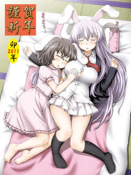 2girls animal_ears aru_ra_une barefoot blazer breasts brown_hair closed_eyes dress dress_shirt female_focus futon grabbing_another&#039;s_breast groping highres inaba_tewi jacket large_breasts light_purple_hair long_hair lying miniskirt multiple_girls necktie on_back on_bed on_side open_mouth pillow pleated_skirt purple_hair rabbit_ears rabbit_girl rabbit_tail red_eyes reisen_udongein_inaba shiny_clothes shiny_skin shirt skirt sleeping socks tail tatami touhou very_long_hair zzz