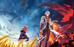 1boy 1girl absurdres ahoge black_gloves black_pants blue_eyes blue_sky coat commentary commentary_request cyrene_(honkai:_star_rail) english_commentary fingerless_gloves gloves hair_ornament highres honkai:_star_rail honkai_(series) medium_hair mixed-language_commentary outdoors pants phainon_(honkai:_star_rail) pink_hair purple_coat scenery short_hair sky star_(sky) starry_sky wheat wheat_field white_coat white_hair whyte_srsn