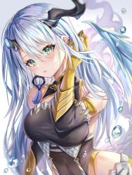 Rule 34 | 1girl, akami770, bare shoulders, black dress, blush, breasts, broken horn, china dress, chinese clothes, detached sleeves, dragon girl, dragon horns, dragon tail, dragon wings, dress, earrings, green eyes, hair between eyes, head tilt, highres, hoop earrings, horns, jewelry, large breasts, long hair, looking at viewer, mizuchi (shadowverse), parted bangs, parted lips, shadowverse, simple background, sleeveless, sleeveless dress, slit pupils, solo, tail, upper body, white background, white hair, wings