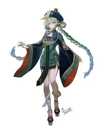 1girl absurdres aqua_eyes bead_necklace beads braid chinese_clothes chinese_commentary closed_mouth commentary_request dated dress foot_wraps full_body green_hair green_nails hat hatsune_miku highres jewelry jiangshi_costume leg_wrap long_hair mandarin_collar memory_mie nail_polish necklace ofuda pankou pointy_ears qingdai_guanmao qixie signature simple_background solo tassel twin_braids very_long_hair vocaloid wide_sleeves