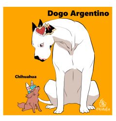 Rule 34 | animal focus, animalization, beanie, blue hat, chihuahua, commentary request, dog, full body, gentildonna (umamusume), hat, mastiff, no humans, onikobe rin, orange background, samson big (umamusume), simple background, two-tone background, umamusume