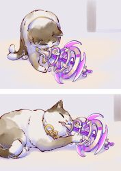 2koma animalization beiyi cat comic commentary english_commentary genshin_impact highres kagura&#039;s_verity_(genshin_impact) kirara_(cat)_(genshin_impact) kirara_(genshin_impact) multiple_tails nekomata no_humans playing silent_comic simple_background tail two-tone_fur two_tails
