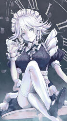 Rule 34 | 1girl, absurdres, apron, artist name, black dress, black ribbon, black shoes, blue bow, bow, braid, breasts, cigarette, clock, collared shirt, cowlick, crossed legs, dress, frilled apron, frills, grey eyes, grey hair, hair between eyes, hair bow, hand up, high heels, highres, holding, holding cigarette, izayoi sakuya, k4ja0002, looking at viewer, maid headdress, medium breasts, medium hair, neck ribbon, parted lips, puffy short sleeves, puffy sleeves, ribbon, shirt, shoes, short sleeves, signature, sitting, smile, solo, thighhighs, touhou, twin braids, waist apron, white apron, white shirt, white thighhighs, wrist cuffs