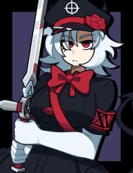 Rule 34 | 1girl, black hat, borrowed character, bow, breasts, cleavage, closed mouth, demon girl, demon horns, demon tail, elbow gloves, gloves, hat, highres, holding, holding sword, holding weapon, horns, large breasts, looking at viewer, muds, original, red bow, short hair, short sleeves, solo, sword, tail, weapon, white gloves, white hair