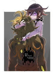 2boys 404 black_hair border brown_shirt bug_cage checkered_clothes checkered_scarf danganronpa_(series) danganronpa_v3:_killing_harmony expressionless gokuhara_gonta grey_hair highres http_status_code hug kumakoro_(tetsupag) long_hair long_sleeves male_focus messy_hair multiple_boys oma_kokichi purple_eyes scarf shirt short_hair white_border white_shirt