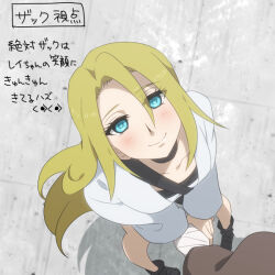1boy 1girl anime_coloring bandaged_hand bandages bare_legs black_boots black_choker black_dress blonde_hair blue_eyes boots brown_jacket choker closed_mouth commentary_request day dress eyelashes eyes_visible_through_hair from_above hair_between_eyes holding_hands isaac_foster jacket kurimilove light_blush long_hair long_sleeves looking_at_viewer outdoors pov rachel_gardner satsuriku_no_tenshi shadow short_dress smile solo_focus striped_clothes striped_dress tile_floor tiles translation_request two-tone_dress very_long_hair white_dress white_jacket