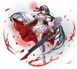 1girl alta_(sennen_sensou_aigis) artist_request bad_source black_hair breasts cleavage doll_joints flower full_body game_cg garter_straps hair_flower hair_ornament hair_over_eyes headband highres holding holding_weapon joints large_breasts light_smile long_hair medium_breasts mole mole_on_breast official_art red_eyes red_flower red_rose rose sennen_sensou_aigis shoes skirt solo third-party_source transparent_background weapon white_shoes