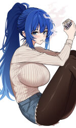 1girl black_pantyhose blue_eyes blue_hair breasts can cigarette commentary_request commission denim denim_shorts from_side grey_sweater high_ponytail highres holding holding_can invisible_chair korean_commentary large_breasts long_hair long_sleeves looking_to_the_side original pantyhose ponytail ribbed_sweater shorts sidelocks simple_background siribang1215 sitting smoke smoking solo sweater turtleneck turtleneck_sweater white_background