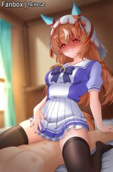 1girl animal_ears bad_link bed breasts brown_hair collarbone fingernails heart heart-shaped_pupils highres horse_ears horse_tail looking_at_viewer nekroz7 pov red_eyes ribbon school_uniform sitting sitting_on_person small_breasts solo sparkling_eyes still_in_love_(umamusume) symbol-shaped_pupils tail thighhighs tracen_school_uniform umamusume veil