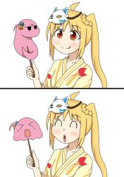 &gt;_&lt; 1girl absurdres ahoge animalization blonde_hair bocchi_the_rock! closed_eyes cube_hair_ornament detached_ahoge fox_mask gotoh_hitori gotoh_hitori_(octopus) hair_ornament highres ijichi_nijika japanese_clothes kimono mask mask_on_head multiple_views nitarindx red_eyes screaming side_ahoge side_ponytail smile tongue tongue_out upper_body yellow_kimono yukata
