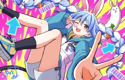 &gt;_o 1girl ;d animal_ear_fluff animal_ears arm_up arrow_(symbol) black_socks blue_hair blush bow braid brown_shoes carrot_hair_ornament commentary_request don-chan_(usada_pekora) food-themed_hair_ornament hair_between_eyes hair_bow hair_ornament highres hololive hood hood_up hoodie kiritoma long_hair long_sleeves looking_at_viewer multicolored_hair one_eye_closed open_mouth outstretched_arm puffy_long_sleeves puffy_sleeves rabbit-shaped_pupils rabbit_ears red_eyes shoes short_eyebrows short_shorts shorts signature sleeves_past_wrists smile socks solo symbol-shaped_pupils thick_eyebrows twin_braids twintails two-tone_hair usada_pekora v v_over_eye very_long_hair virtual_youtuber white_bow white_hair white_hoodie white_shorts