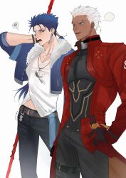 2boys archer_(fate) archer_(honkai:_star_rail)_(fate) belt black_shirt blank_speech_bubble blue_hair bracelet ccinnamonka crescent crescent_necklace cu_chulainn_(fate) cu_chulainn_(fate/stay_night) cu_chulainn_(honkai:_star_rail)_(fate) dark-skinned_male dark_skin denim earrings fate_(series) fur-trimmed_jacket fur_trim gae_bolg_(fate) grey_eyes hair_tubes hand_on_own_hip highres holding holding_polearm holding_weapon honkai:_star_rail honkai_(series) jacket jeans jewelry long_hair male_focus multiple_boys necklace one_eye_closed open_mouth pants polearm ponytail red_eyes red_jacket shirt short_hair simple_background single_hair_tube speech_bubble thigh_strap weapon white_background white_hair white_shirt