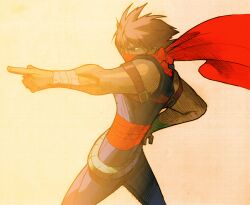 1boy bengus brown_eyes brown_hair facing_to_the_side furrowed_brow game_cg hand_on_own_hip highres male_focus marvel_vs._capcom marvel_vs._capcom_2 mask mouth_mask muscular ninja non-web_source official_art outstretched_arm pointing red_mask red_scarf scan scarf simple_background solo standing strider_(video_game) strider_hiryuu wrist_wrap