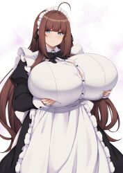 1girl ahoge arashiki_mamizu black_bow black_bowtie blue_eyes bow bowtie breasts brown_hair button_gap commentary_request dress gigantic_breasts grabbing_own_breast highres long_hair long_sleeves looking_at_viewer maid maid_headdress miyoshi_renka original simple_background solo textless_version very_long_hair white_background