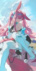 1girl 2242592427 absurdres animal_ears arknights black_gloves black_necktie breasts gloves highres large_breasts long_hair long_sleeves microphone necktie no_shoes pantyhose pink_hair purple_eyes rabbit_ears ray_(arknights) ray_(dreaming_high)_(arknights) solo twintails very_long_hair white_pantyhose