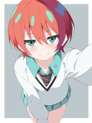 1girl amate_yuzuriha aqua_eyes aqua_shirt aqua_skirt border borgbutler closed_mouth commentary diagonal-striped_clothes diagonal-striped_necktie grey_background gundam gundam_gquuuuuux highres looking_at_viewer necktie outside_border pleated_skirt red_hair school_uniform shirt short_hair simple_background skirt smile solo striped_clothes sweater white_border white_sweater