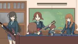5girls akiyama_yukari bad_id bad_twitter_id bass_guitar black_hair brown_eyes brown_hair cosplay drum drum_set electric_guitar fender_jazz_bass fender_mustang gibson_les_paul girls_und_panzer guitar henyaan_(oreizm) ho-kago_tea_time instrument isuzu_hana k-on! keyboard_(instrument) long_hair miniskirt multiple_girls nishizumi_miho open_mouth parody pleated_skirt sakuragaoka_high_school_uniform school_uniform shirt short_hair skirt smile standing synthesizer takebe_saori