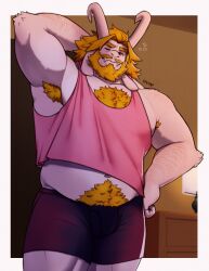 1boy arm_behind_head armpit_hair armpits asgore_dreemurr bara beard belly black_shorts blonde_hair chest_fur commentary english_commentary facial_hair fangs furry furry_male hand_on_own_hip highres horns lexiord-art looking_at_viewer male_focus muscular muscular_male navel navel_hair one_eye_closed shorts skin_fangs squeans undertale