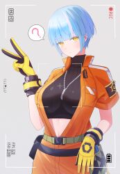 Rule 34 | 1girl, ?, absurdres, battery indicator, belt pouch, black survival, blue hair, breasts, celine marie noel, commentary, crop top, dog tags, english commentary, eternal return: black survival, gloves, grey background, hand up, head tilt, highres, jumpsuit, large breasts, looking at viewer, multicolored hair, open jumpsuit, orange jumpsuit, pouch, schoppi 0731, screwdriver, short hair, solo, spoken question mark, standing, streaked hair, sweatdrop, tools, turtleneck, two-sided gloves, v, viewfinder, white streaks, yellow eyes, yellow gloves