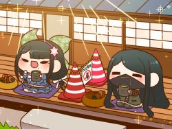1boy 1girl armband black_eyes black_hair black_mask blue_serafuku blue_shirt blue_skirt blunt_ends bow bowtie breasts buttons chabashira_tenko chibi commentary_request cookie covered_mouth cup cushion danganronpa_(series) danganronpa_v3:_killing_harmony drink eyelashes floral_print food frilled_skirt frills gakuran grass green_bow green_jacket green_pants green_tea hair_bow hair_ornament hairband holding holding_drink jacket large_breasts layered_sleeves long_hair long_sleeves low_twintails mask midriff miniskirt mole mole_under_mouth mouth_mask multiple_hair_bows navel no_headwear no_symbol open_mouth outdoors pants pocket purple_hairband red_armband sailor_collar school_uniform seiza serafuku shinguji_korekiyo shirt shouji sidelocks sitting skirt sliding_doors smile solid_oval_eyes sparkle straight_hair sunlight tea traffic_cone twintails v-shaped_eyebrows veranda very_long_hair white_bow white_bowtie white_sailor_collar white_undershirt yumaru_(marumarumaru) yunomi zabuton zipper zipper_pull_tab